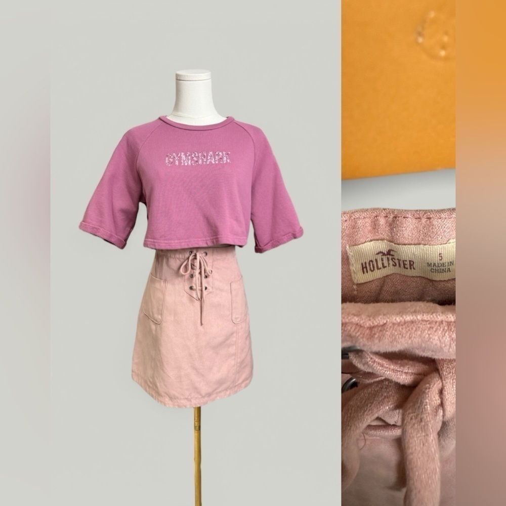 HOLLISTER Skirt Women Size 5 Small Pink Faux Suede Mini A-line Lace Pockets